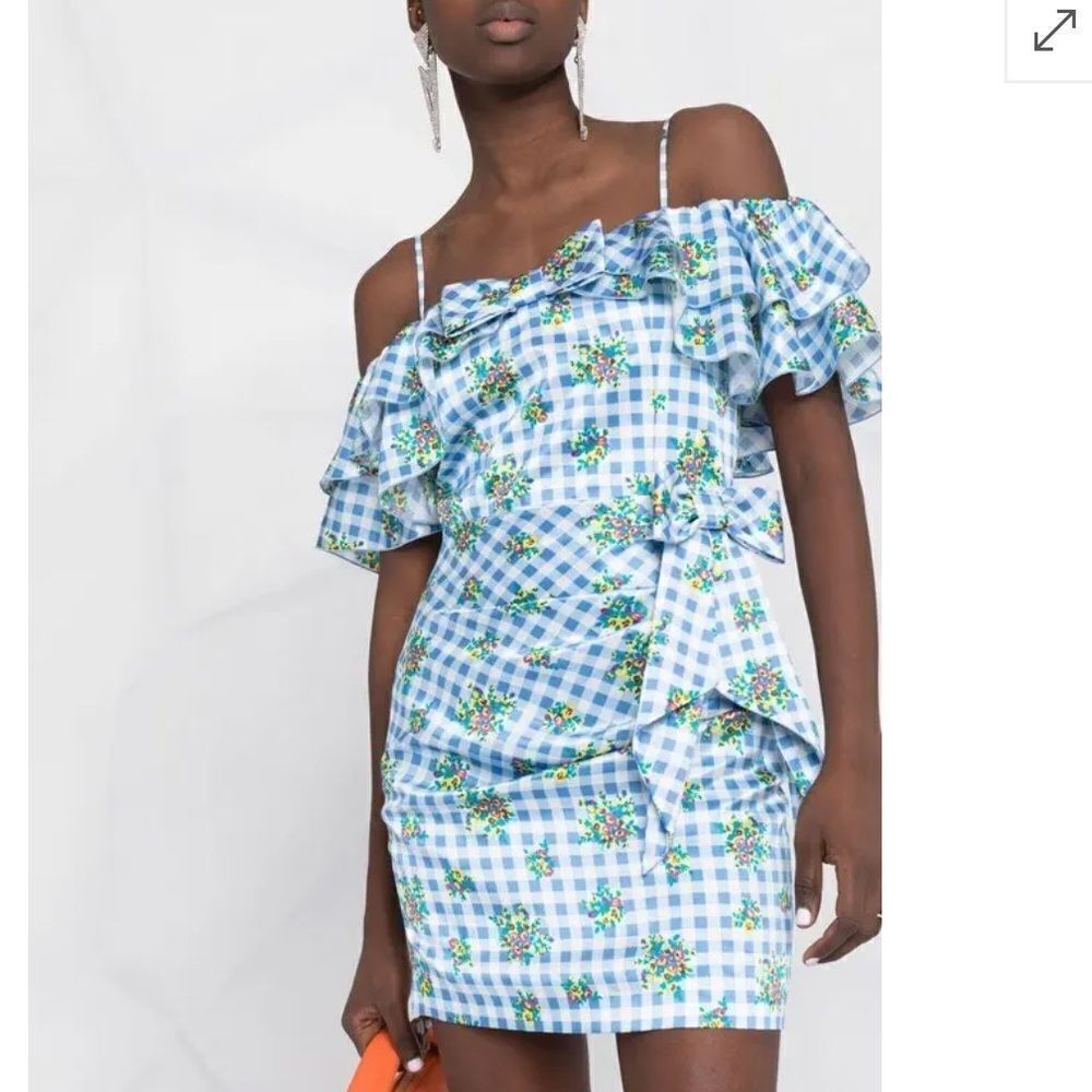 New ALESSANDRA RICH Off-Shoulder Floral Dress Medium Blue Gingham IT40/Small